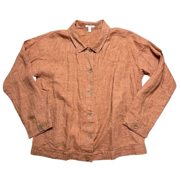 Eileen Fisher Copper Orange Organic Linen Button-Up Shirt Size Medium - Picture 1 of 6
